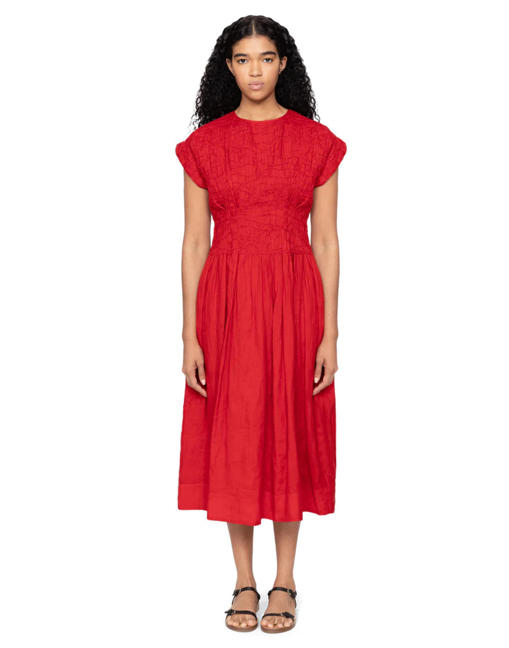 SEA NY Imogen Abito Midi in Ramie con Dettagli Pintuck Red