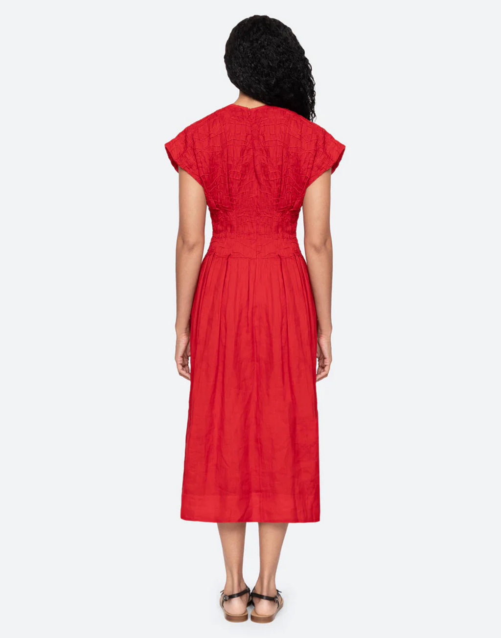 SEA NY Imogen Abito Midi in Ramie con Dettagli Pintuck Red