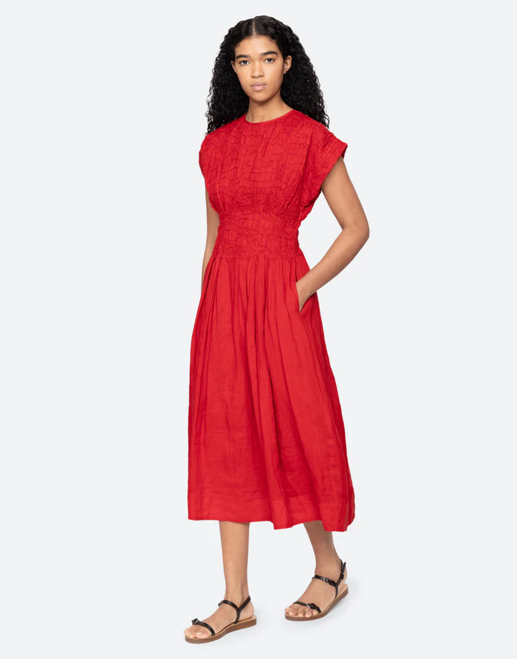 SEA NY Imogen Abito Midi in Ramie con Dettagli Pintuck Red