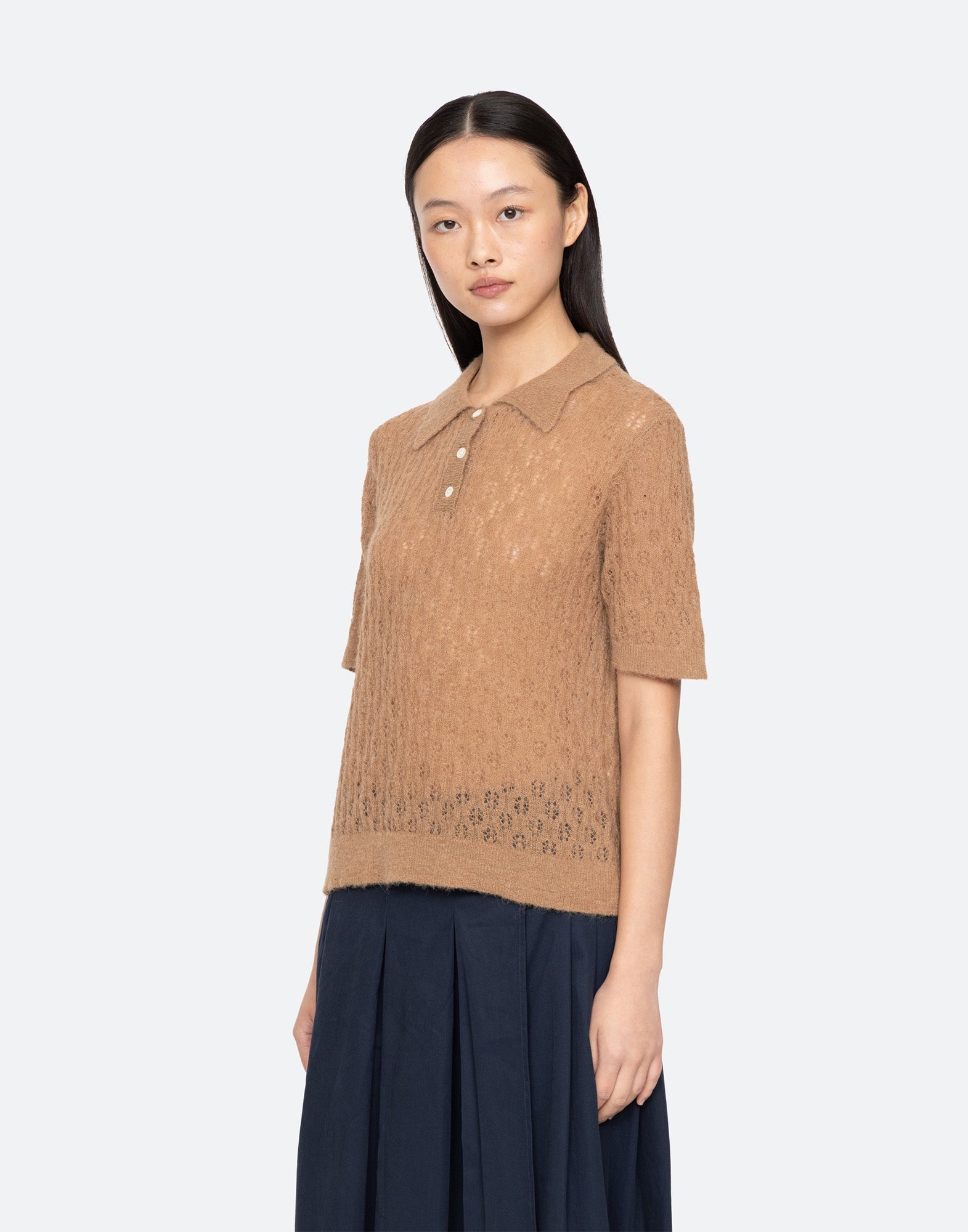 SEA NY Teagan Maglia Polo Manica Corta in Alpaca Camel