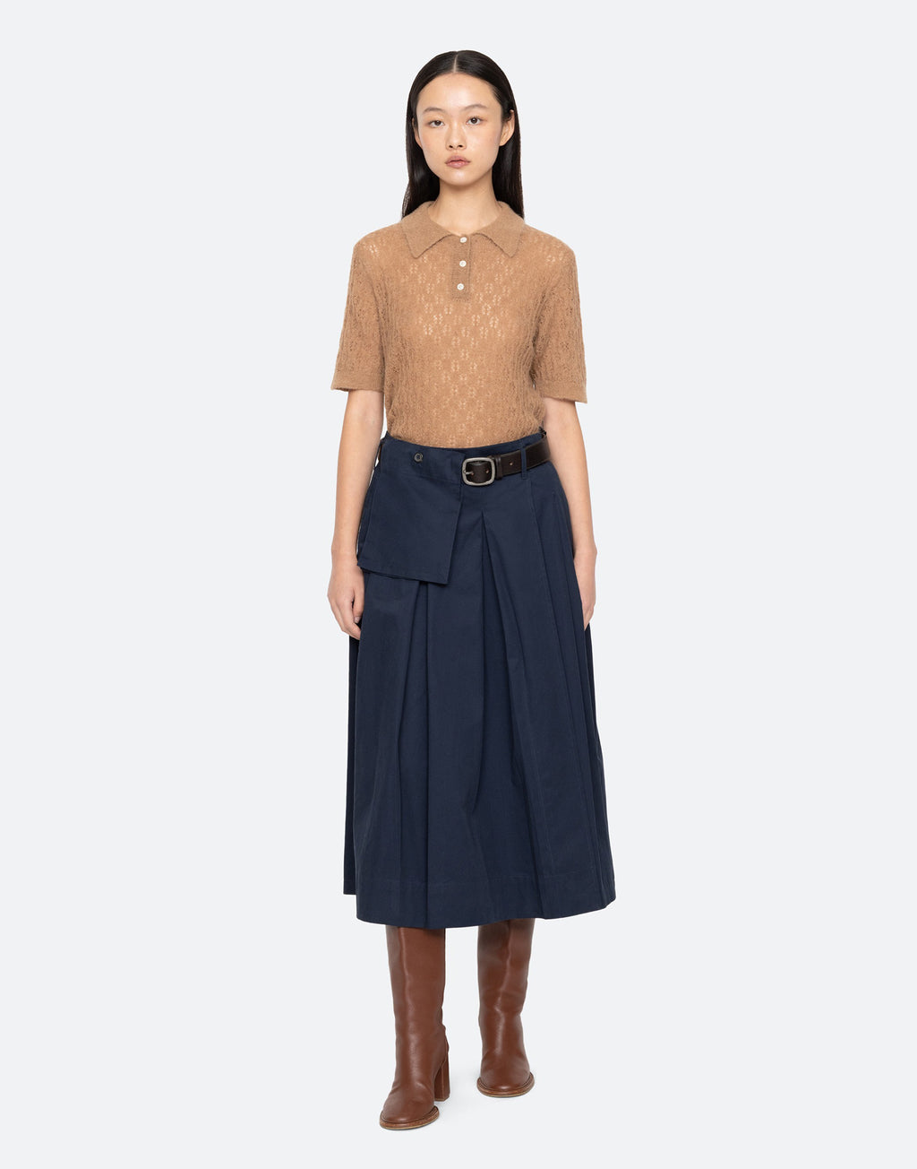 SEA NY Teagan Maglia Polo Manica Corta in Alpaca Camel