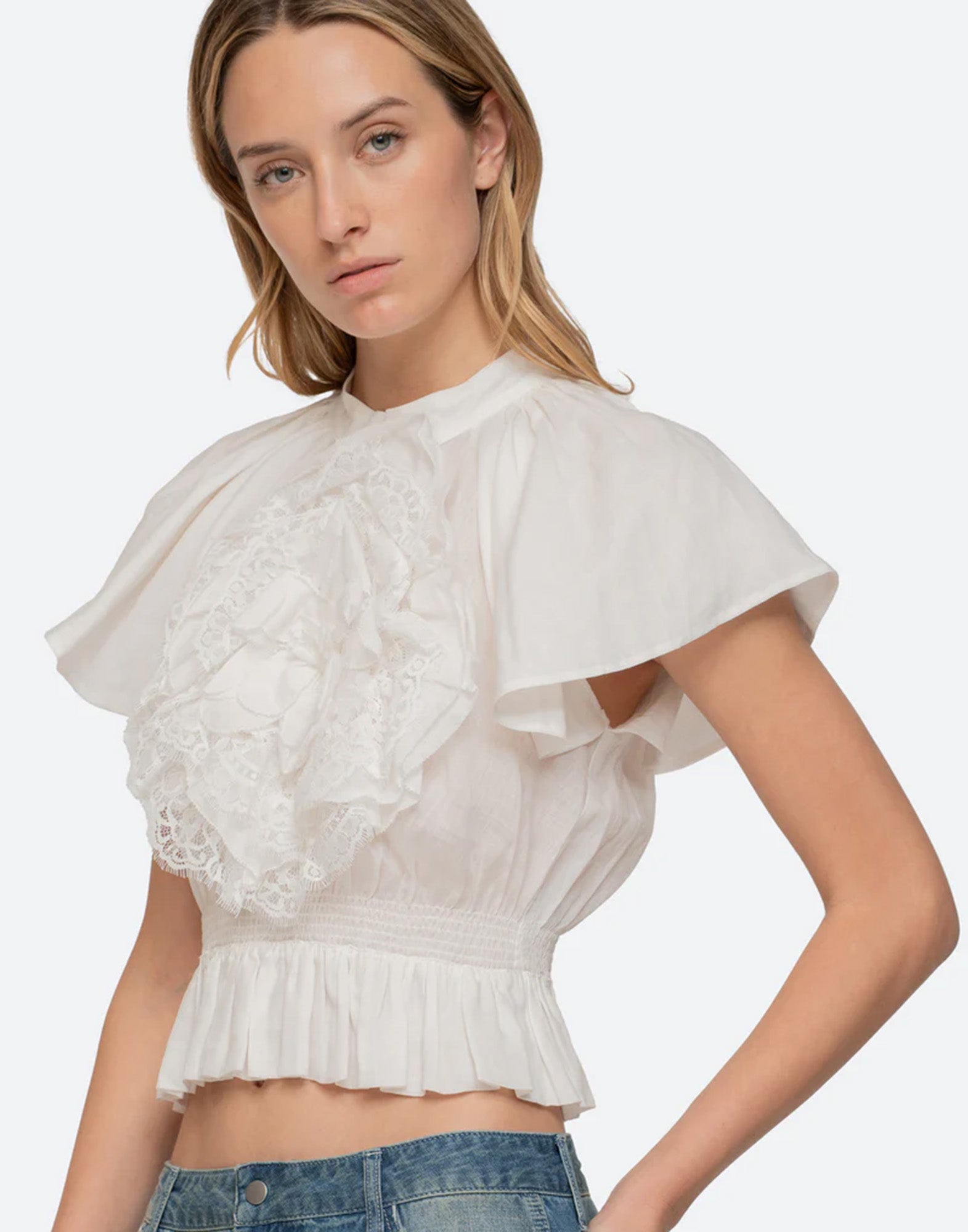 SEA NY Top con Applicazione Floreale in Pizzo Bianco