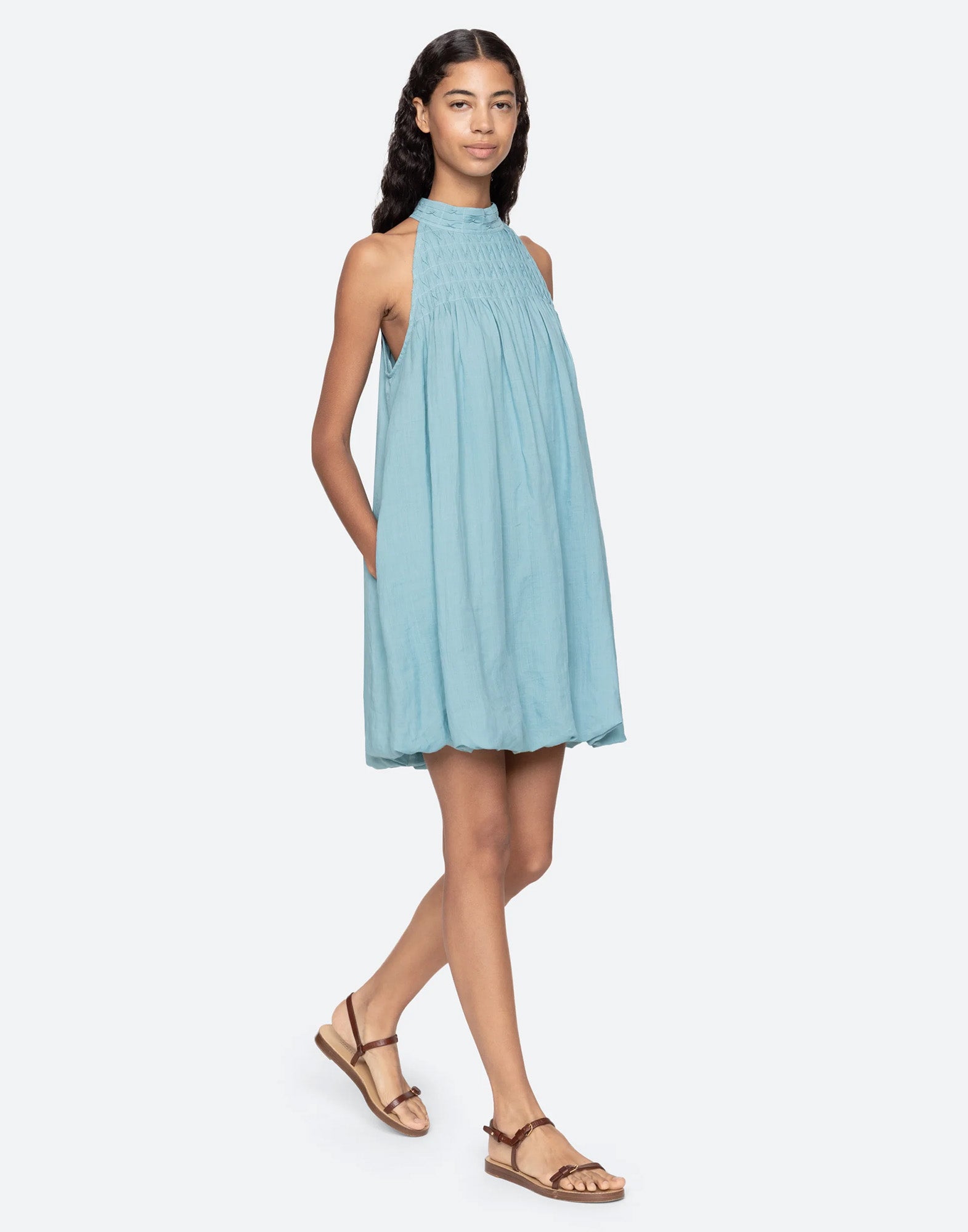 SEA NY Mini Abito in Cotone con Bubble Hem Blue