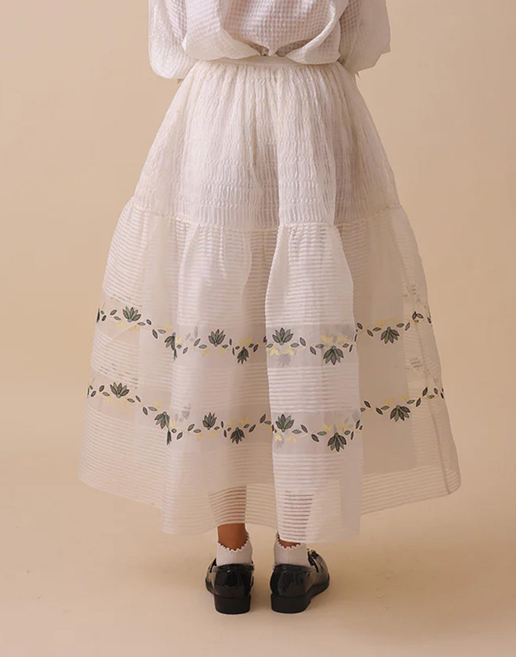 SWGT Gonna in Organza di Seta con Ricami Bianca