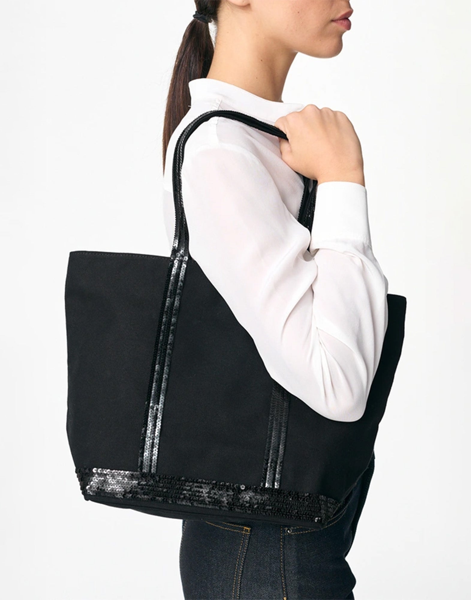 VANESSA BRUNO Cabas M in Canvas con Zip e Paillettes Noir
