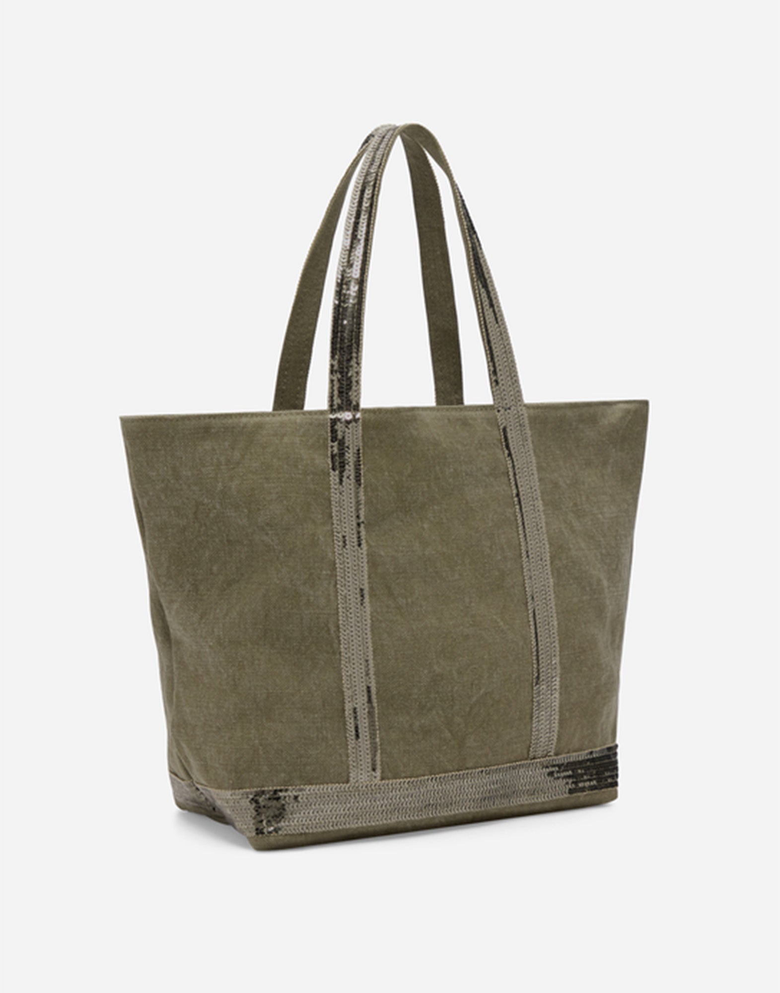 VANESSA BRUNO Cabas M in Lino con Zip e Paillettes Khaki