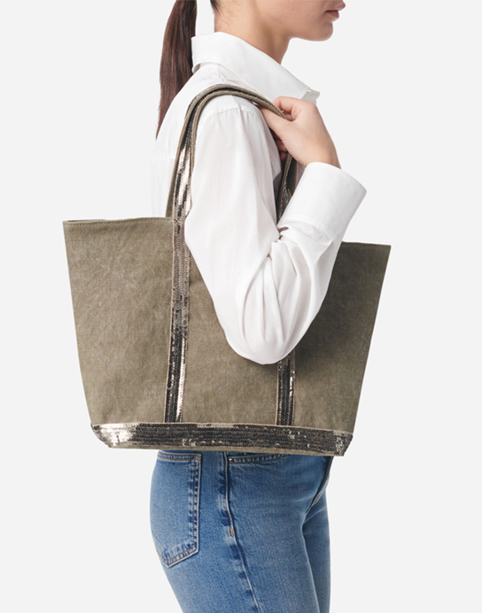 VANESSA BRUNO Cabas M in Lino con Zip e Paillettes Khaki