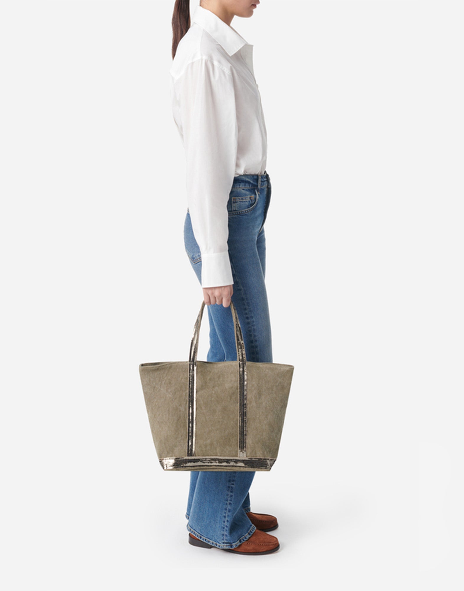 VANESSA BRUNO Cabas M in Lino con Zip e Paillettes Khaki