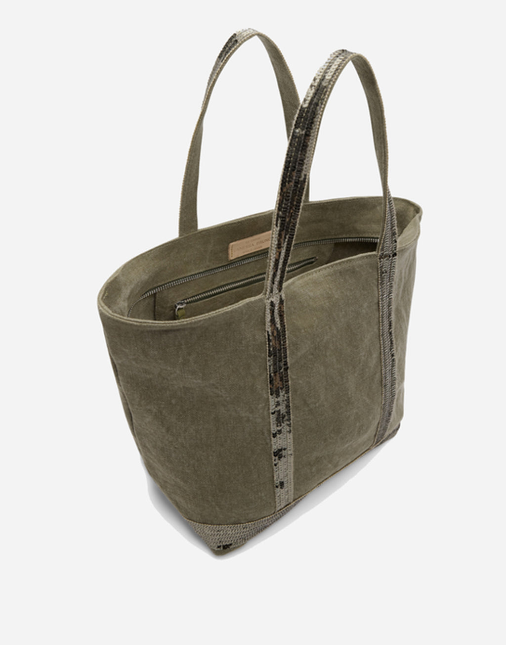 VANESSA BRUNO Cabas M in Lino con Zip e Paillettes Khaki