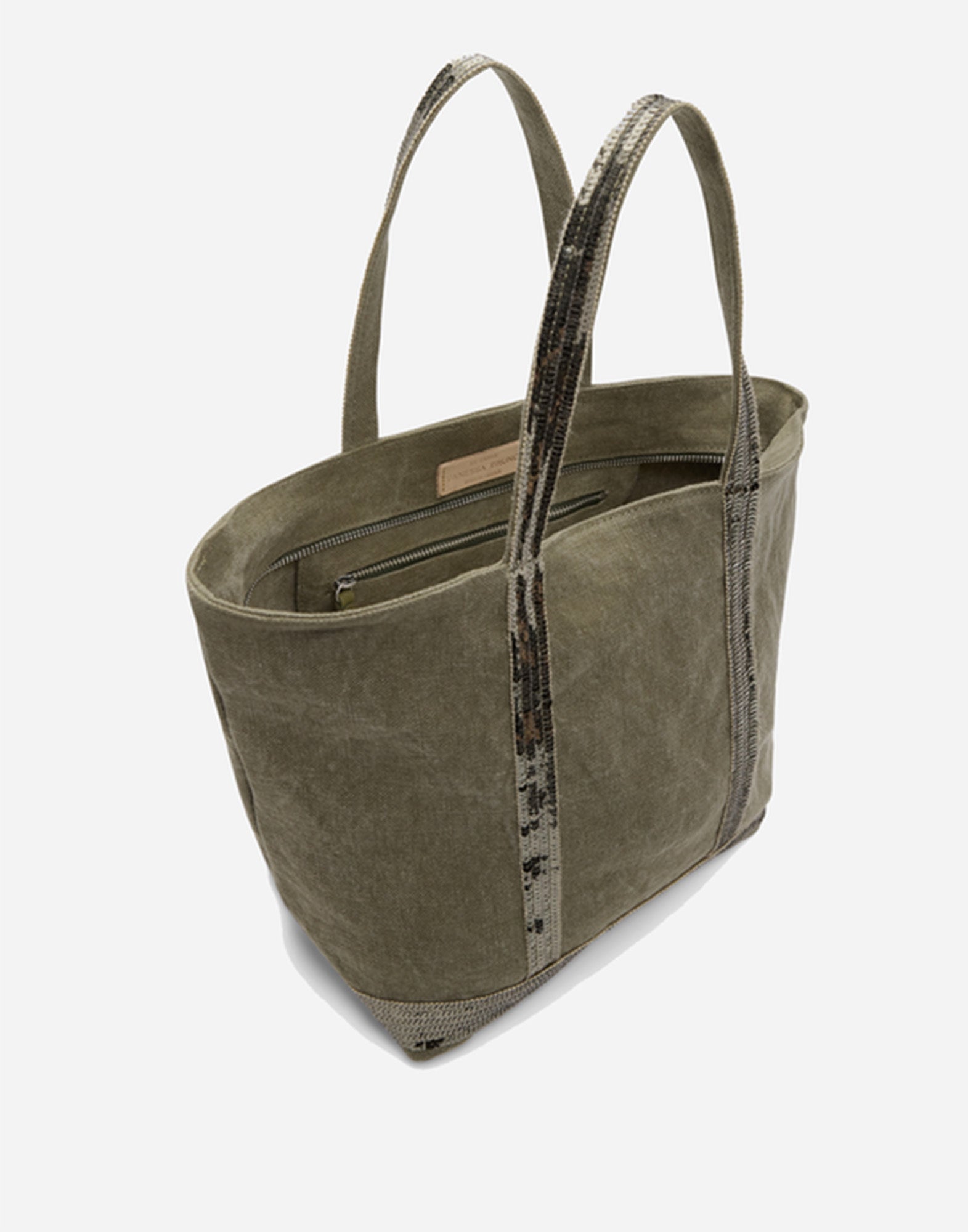 VANESSA BRUNO Cabas M in Lino con Zip e Paillettes Khaki