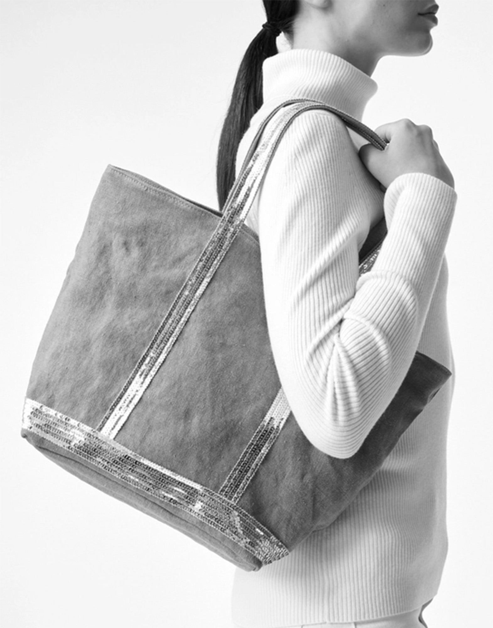 VANESSA BRUNO Cabas M in Lino con Zip e Paillettes Noir