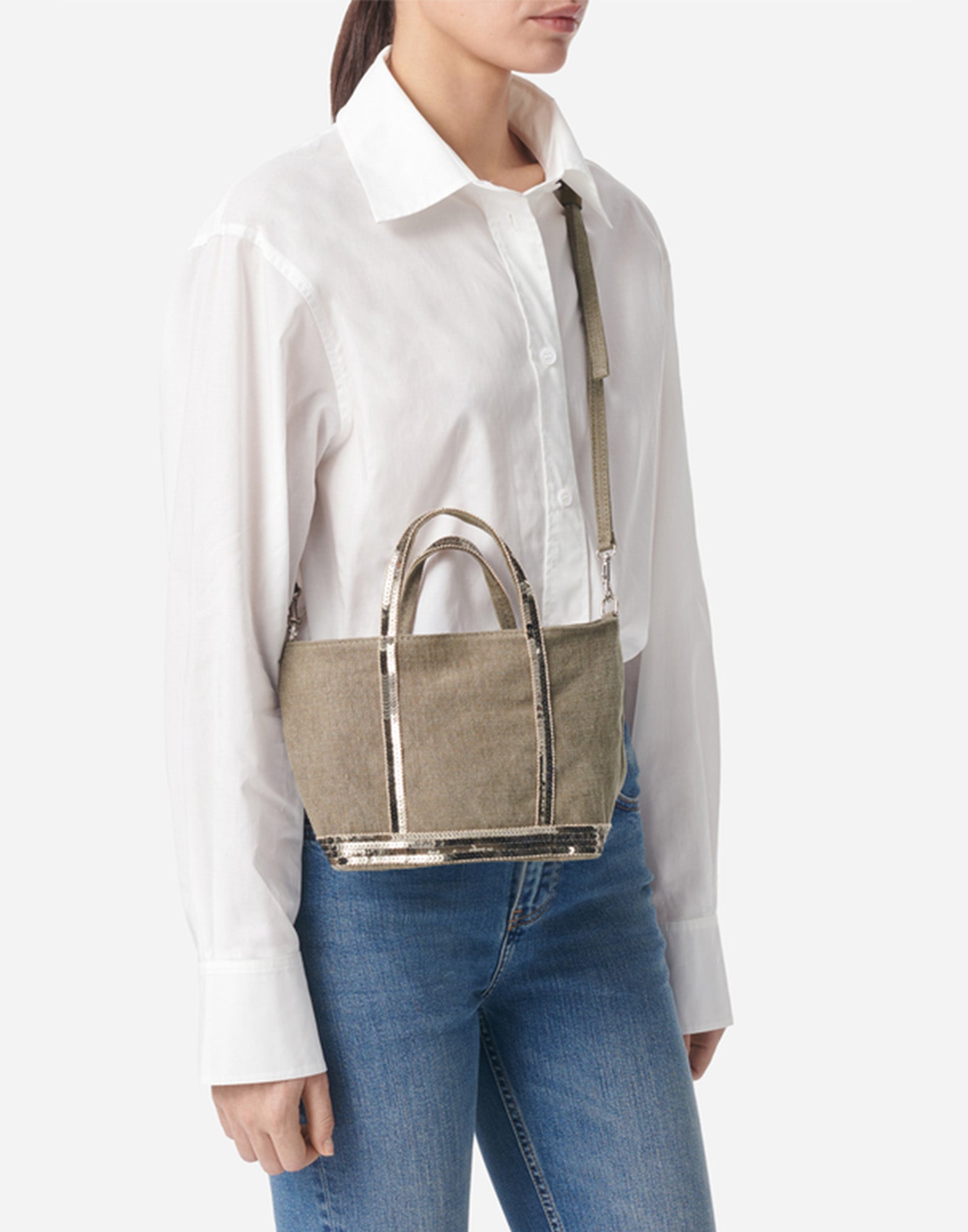VANESSA BRUNO Cabas XS in Lino con Paillettes Khaki