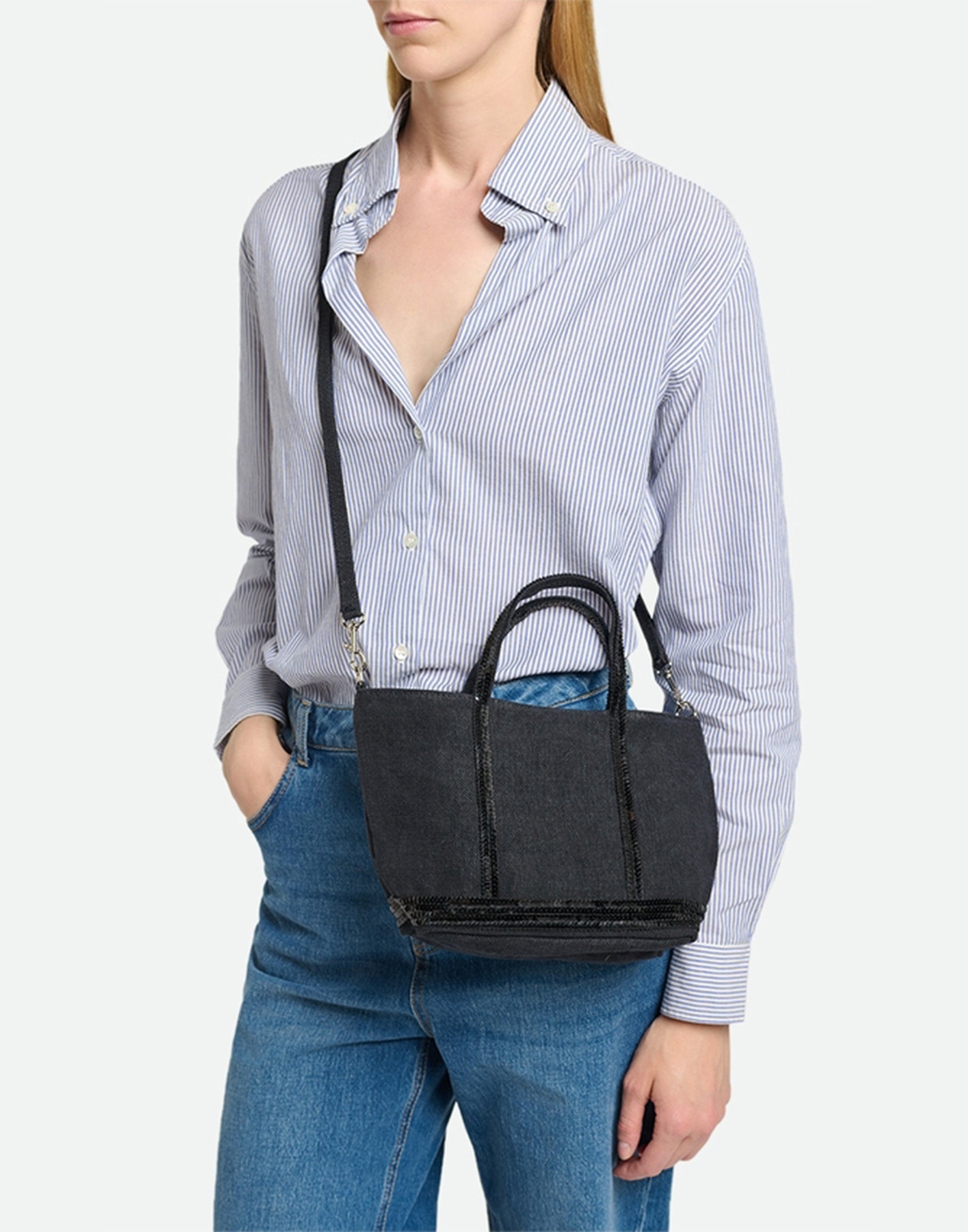 VANESSA BRUNO Cabas XS in Lino con Paillettes Noir