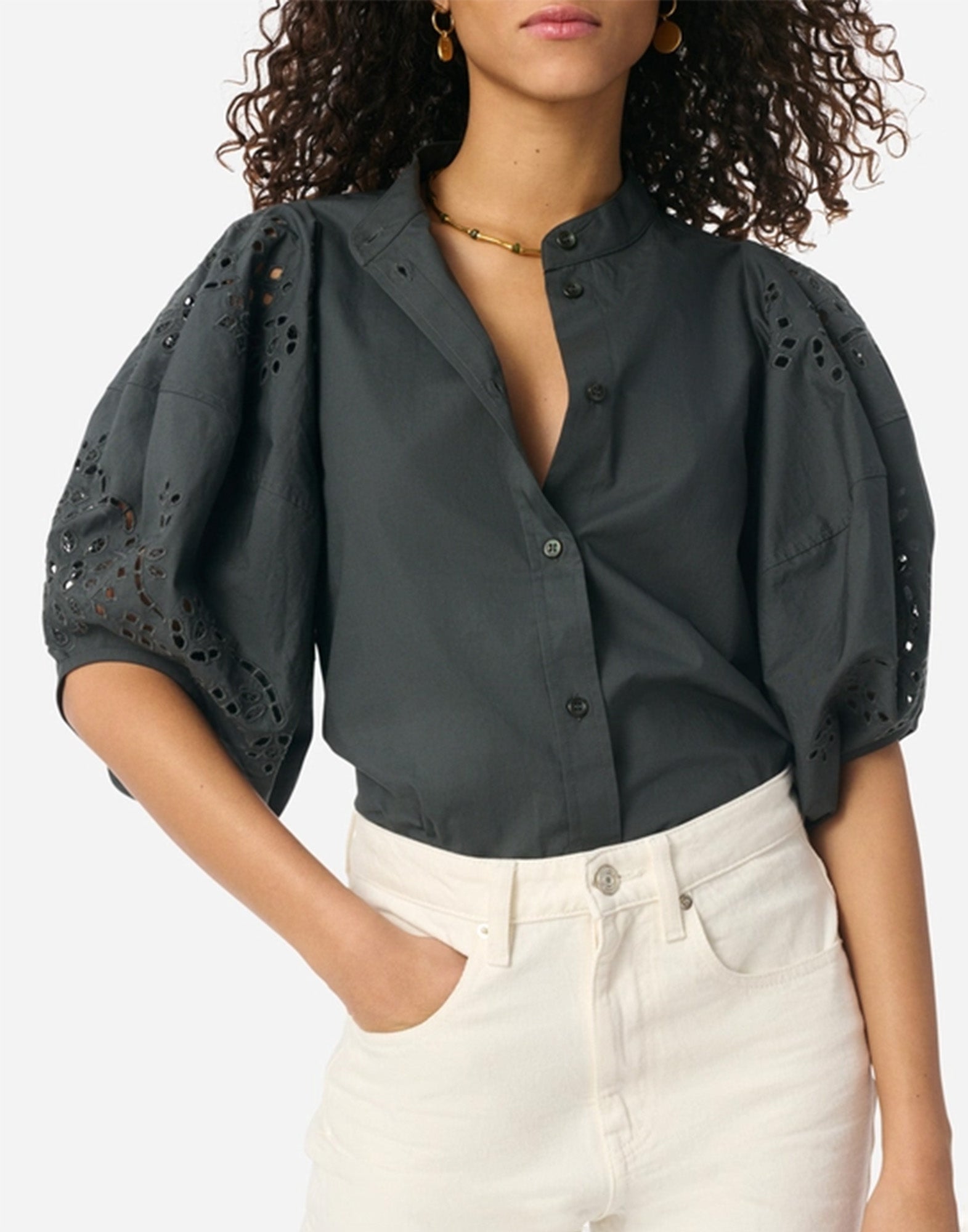 VANESSA BRUNO Felicie Blusa in Cotone con Maniche a Sbuffo Thunderstorm