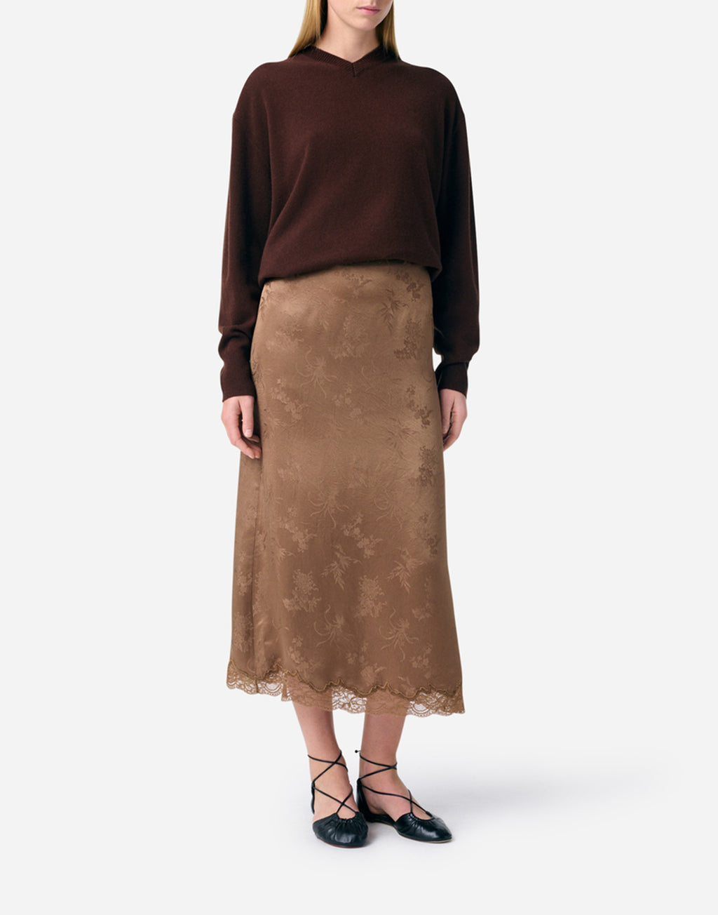 VANESSA BRUNO Gonna Geraldina in Jacquard Satin Marron Glacè