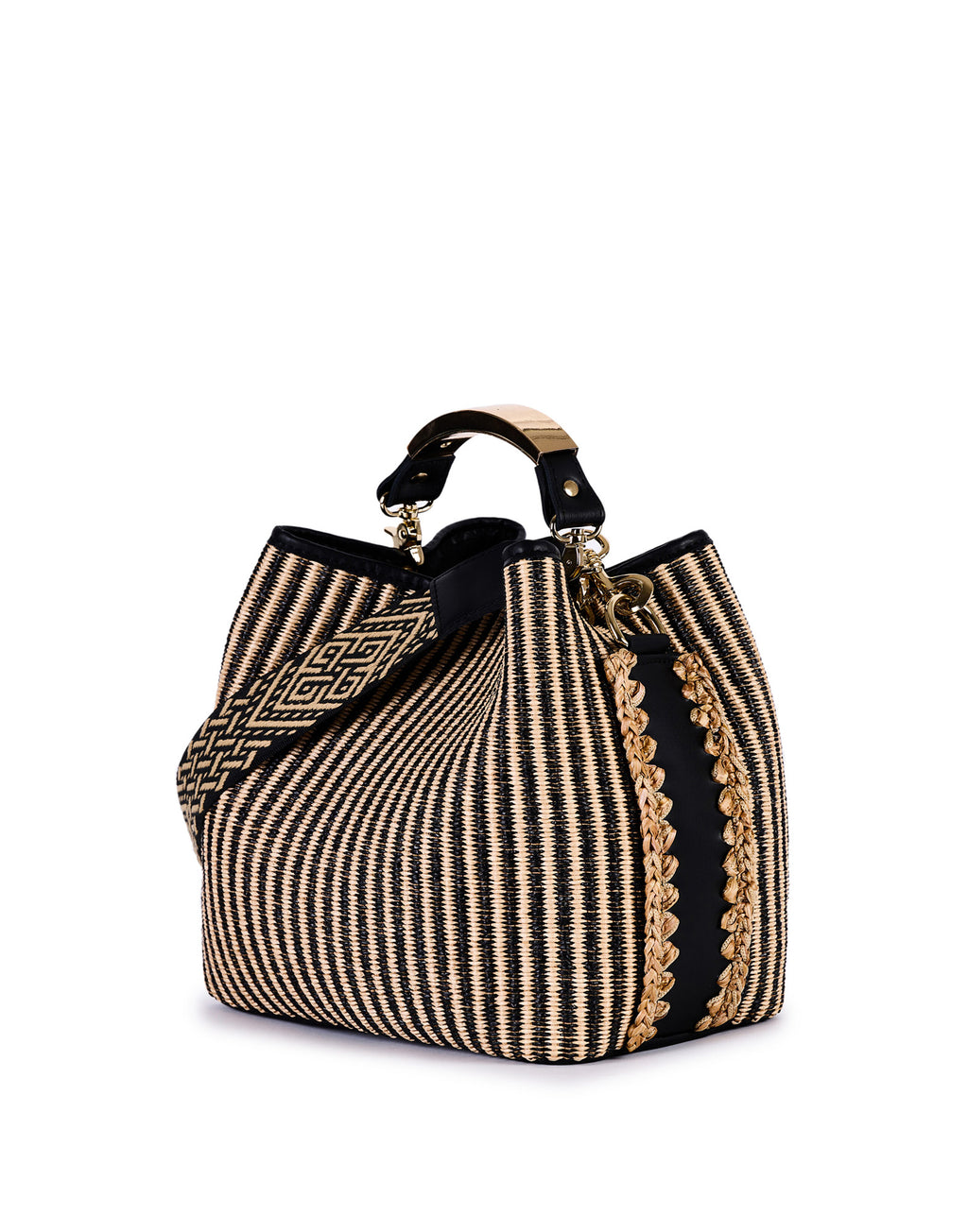 VIAMAILBAG Secchiello in Pelle e Rafia Jacquard Natural/Black