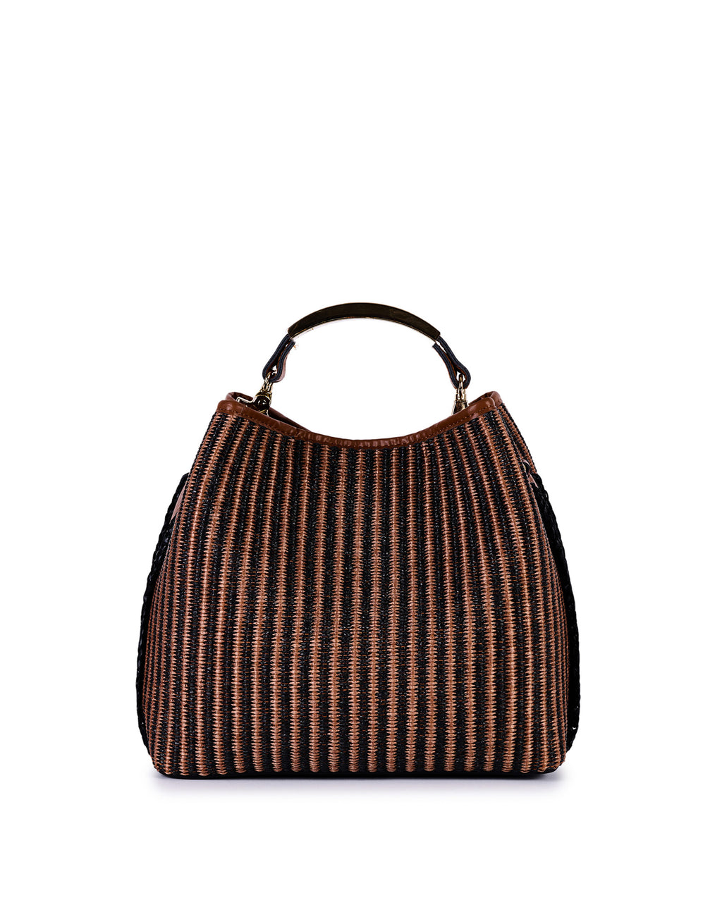 VIAMAILBAG Secchiello in Pelle e Rafia Jacquard Cuoio/Nero