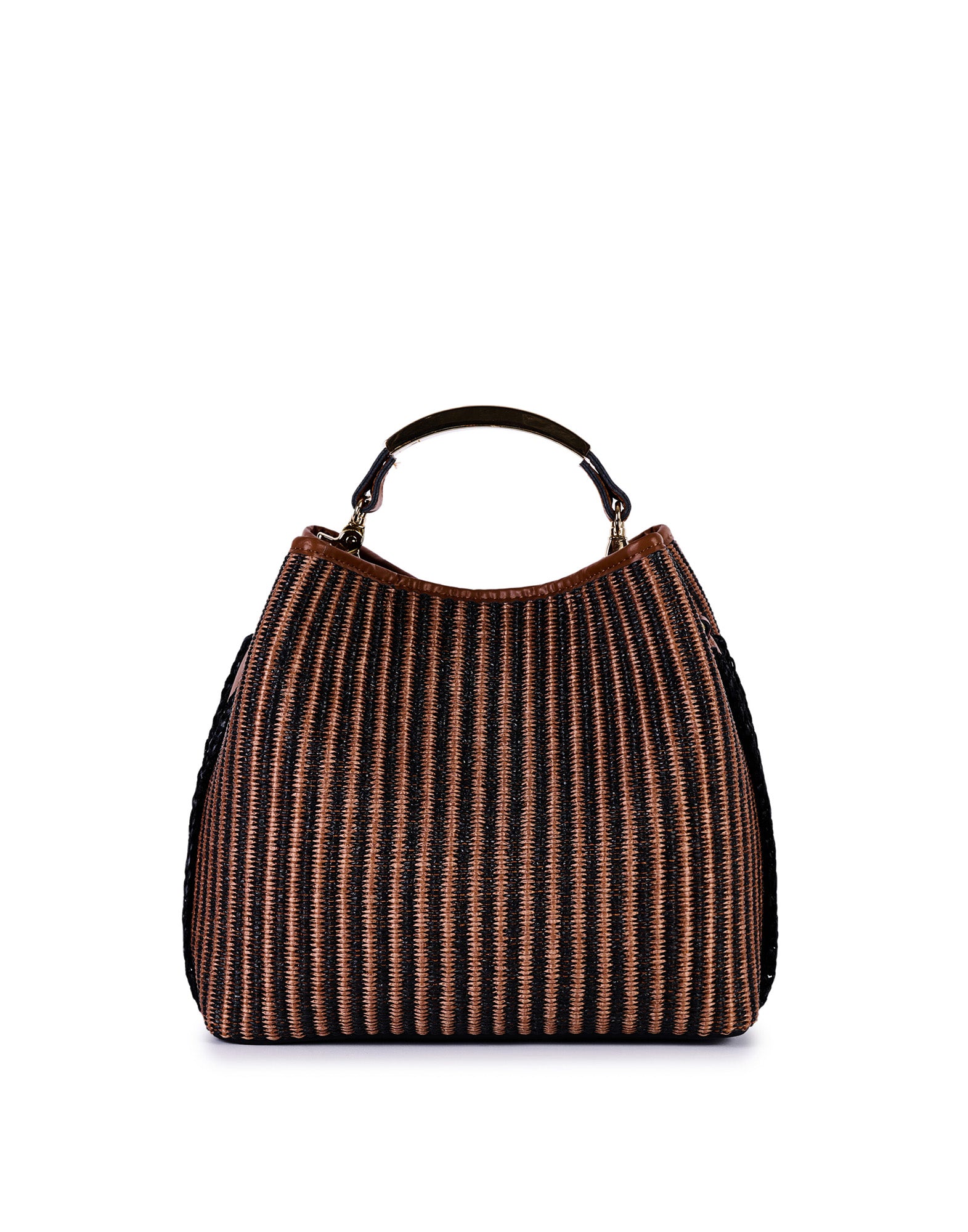 VIAMAILBAG Secchiello in Pelle e Rafia Jacquard Cuoio/Nero