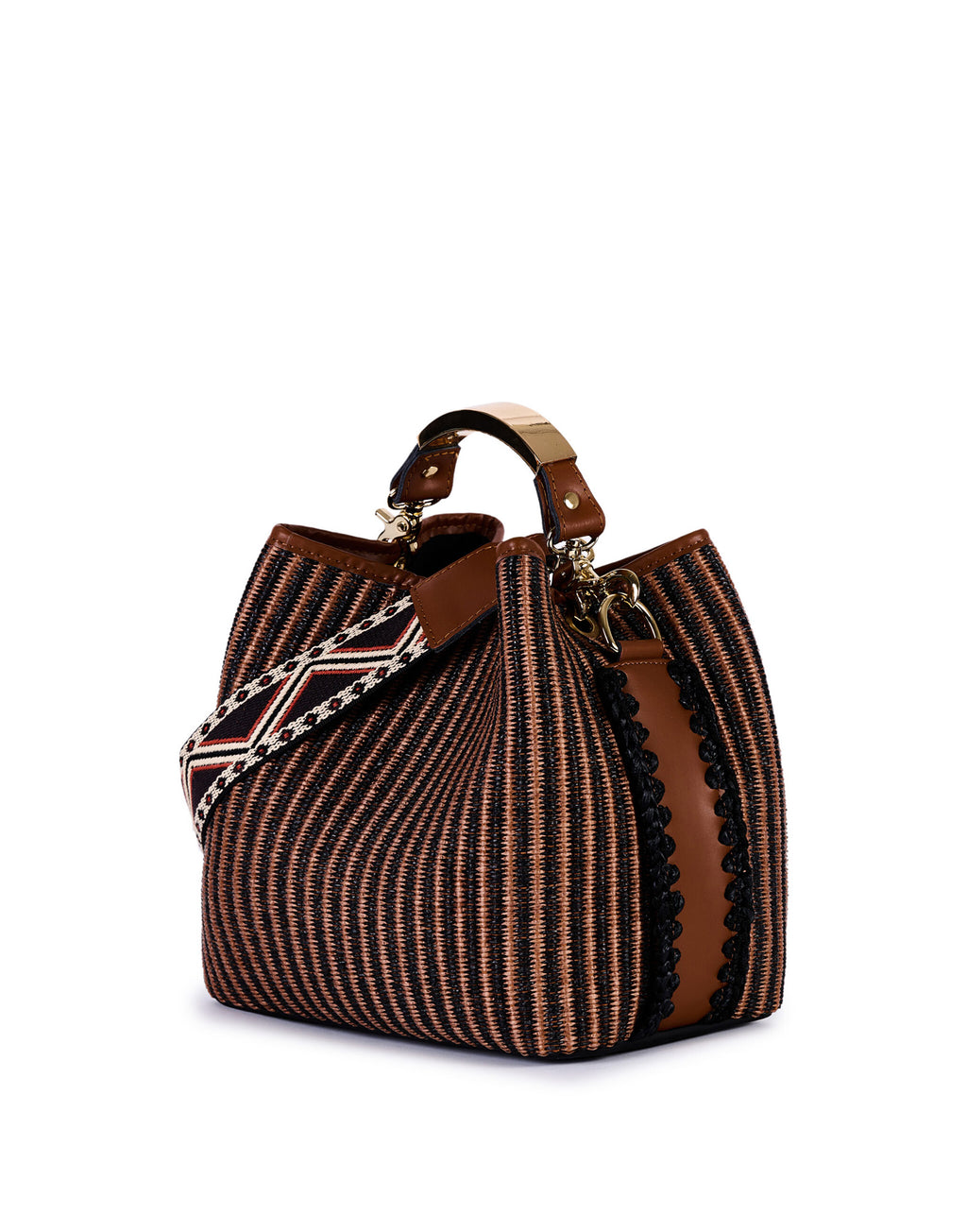 VIAMAILBAG Secchiello in Pelle e Rafia Jacquard Cuoio/Nero