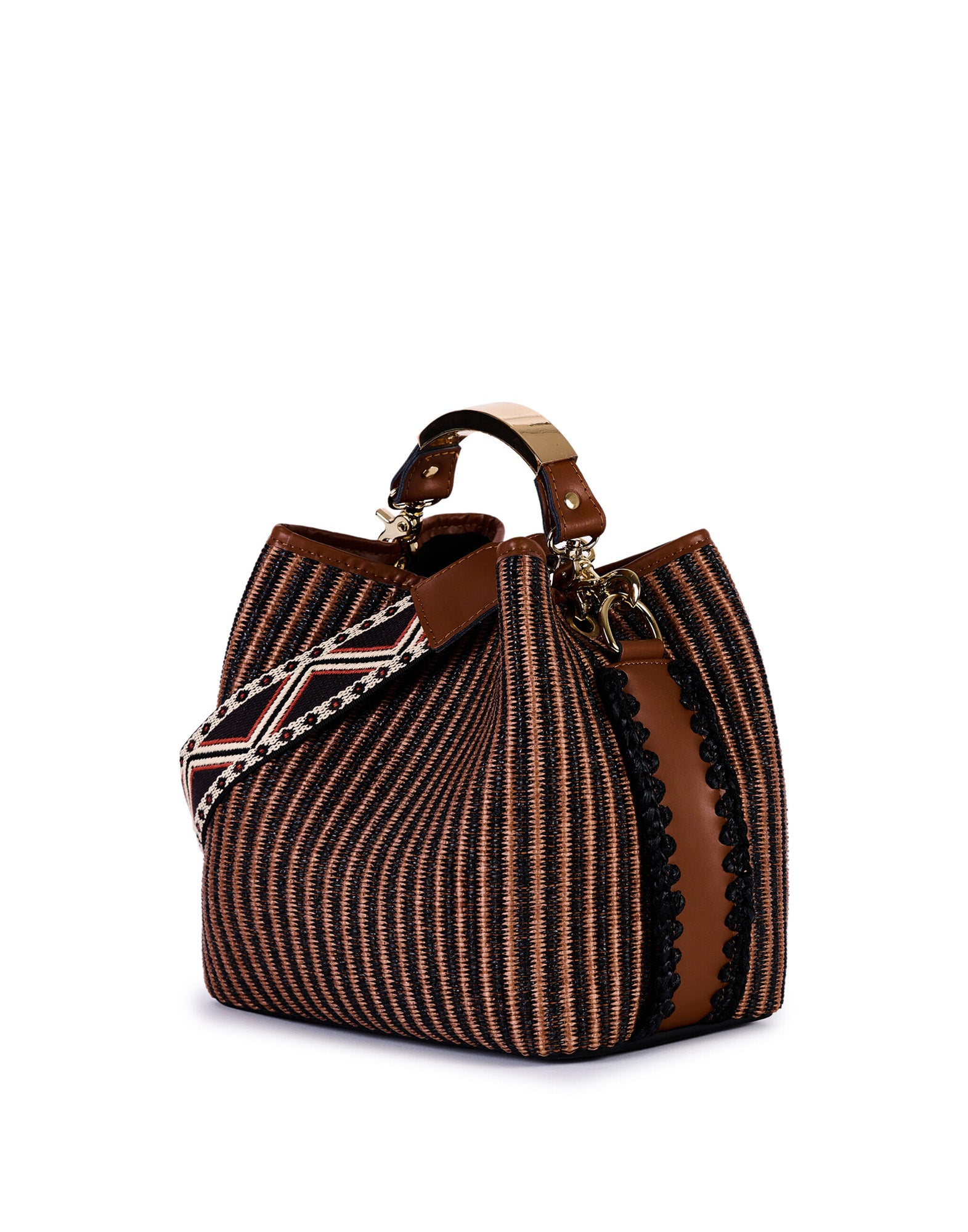 VIAMAILBAG Secchiello in Pelle e Rafia Jacquard Cuoio/Nero