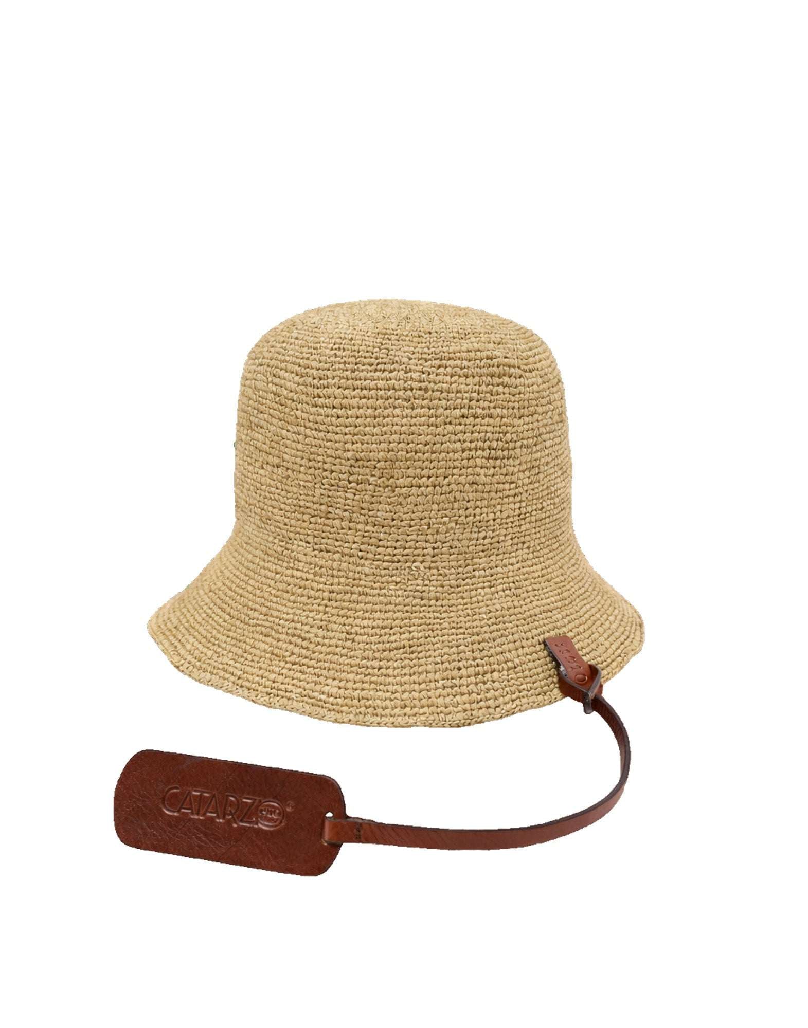 CATARZI Cloche in Raffia Crochet con Pendente in Pelle Naturale/Cuoio