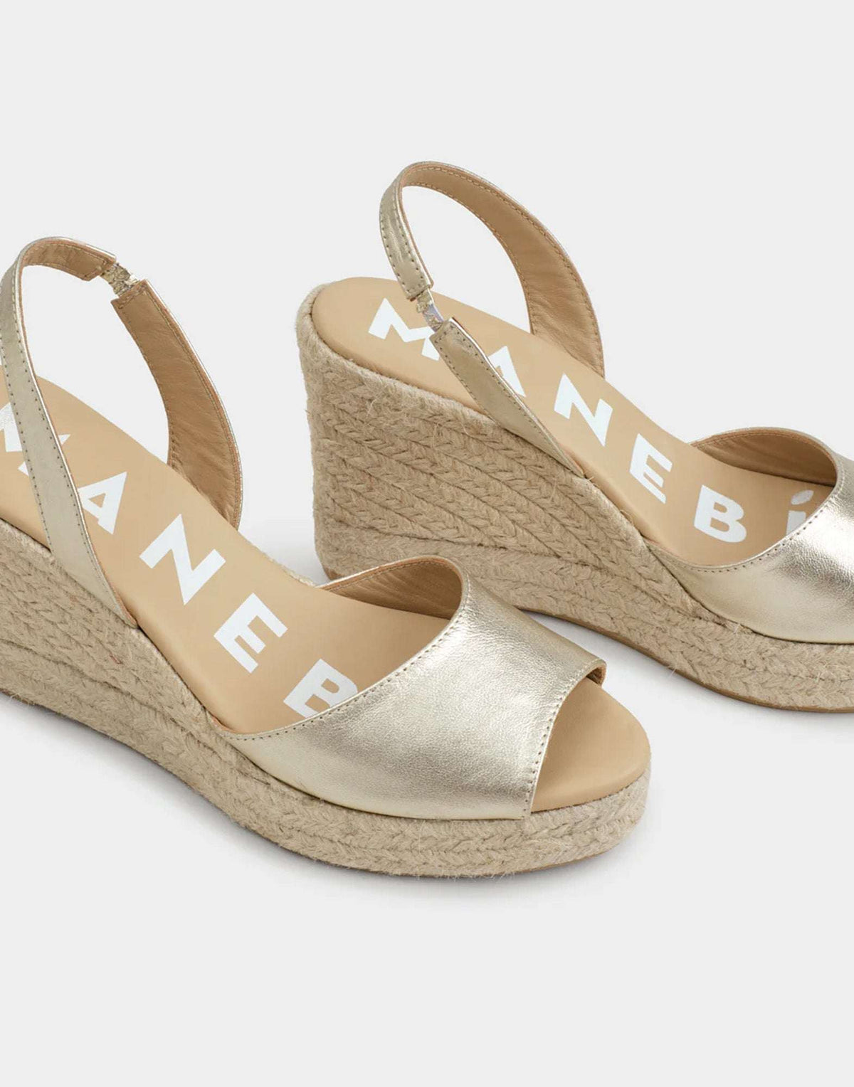 MANEBI Espadrillas con Zeppa in Pelle Metallizzata con Slingback Platino