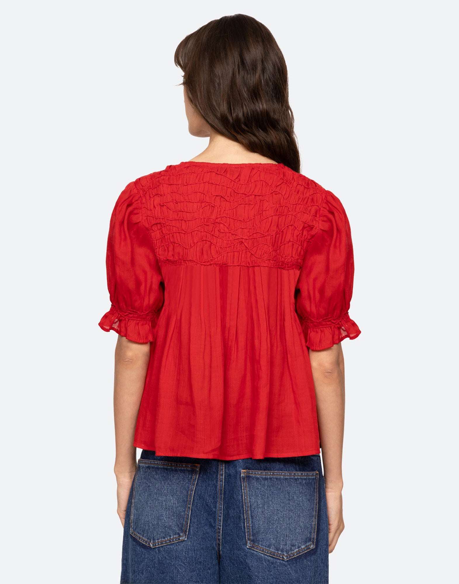 SEA NY Imogen Top Manica Corta in Ramie con Maniche a Sbuffo Red