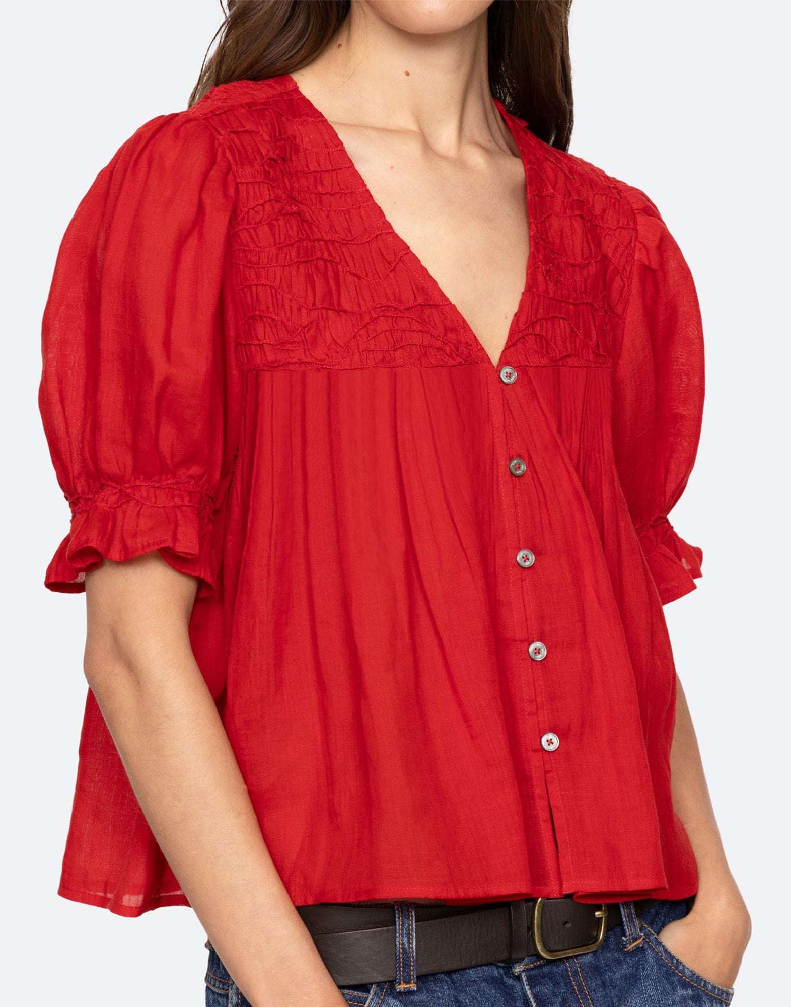 SEA NY Imogen Top Manica Corta in Ramie con Maniche a Sbuffo Red