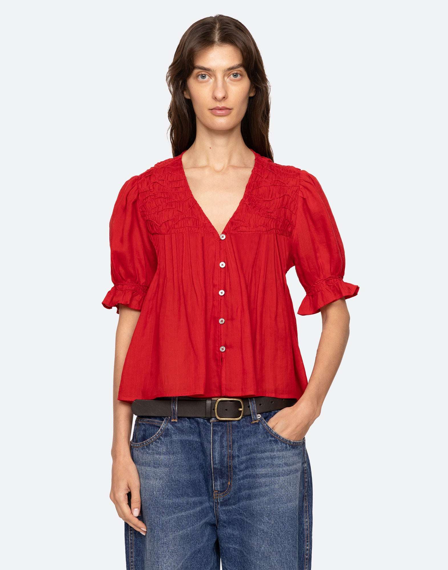 SEA NY Imogen Top Manica Corta in Ramie con Maniche a Sbuffo Red