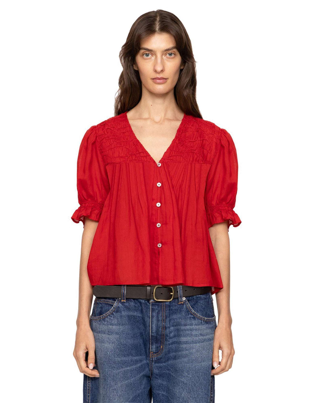 SEA NY Imogen Top Manica Corta in Ramie con Maniche a Sbuffo Red