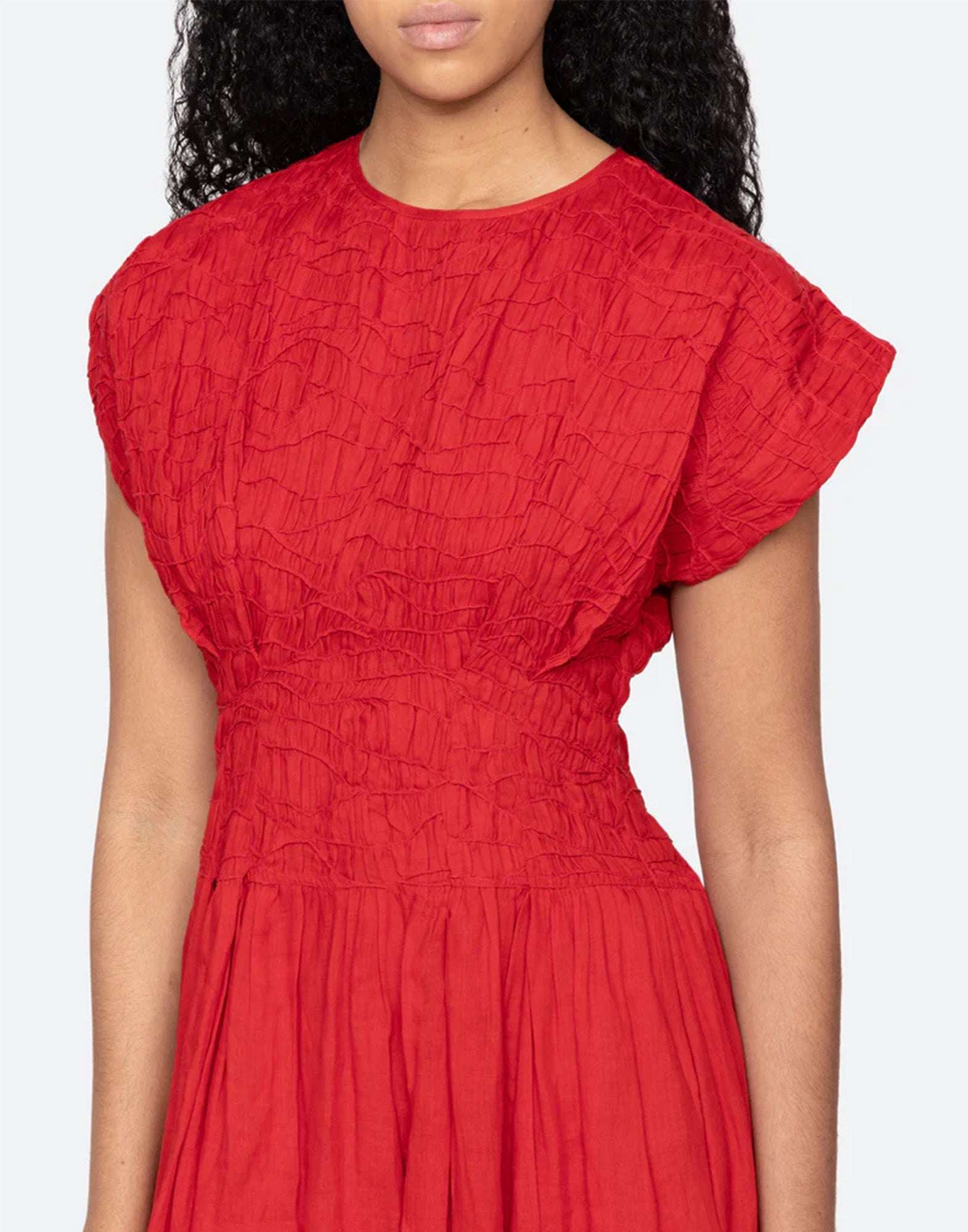 SEA NY Imogen Abito Midi in Ramie con Dettagli Pintuck Red
