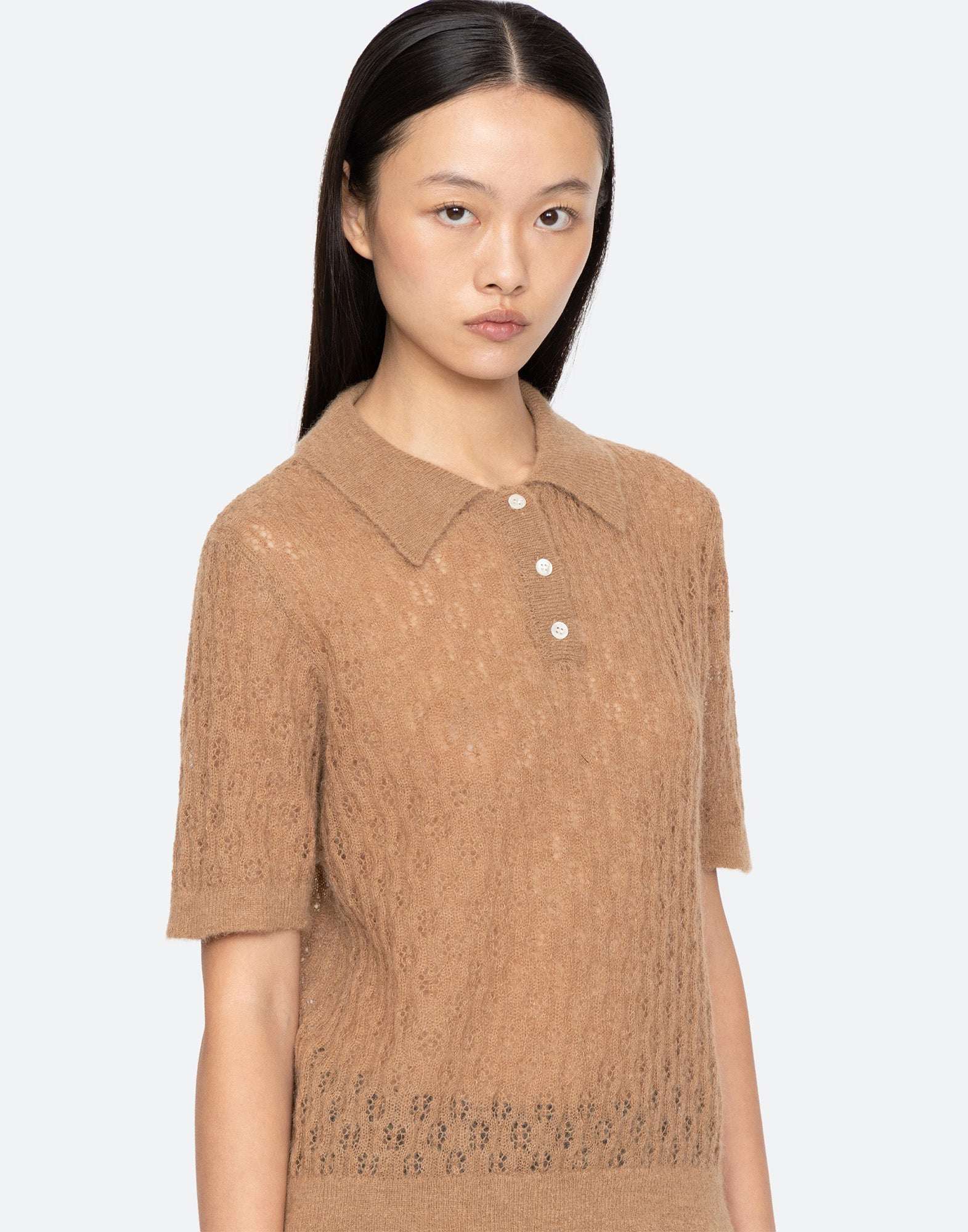 SEA NY Teagan Maglia Polo Manica Corta in Alpaca Camel