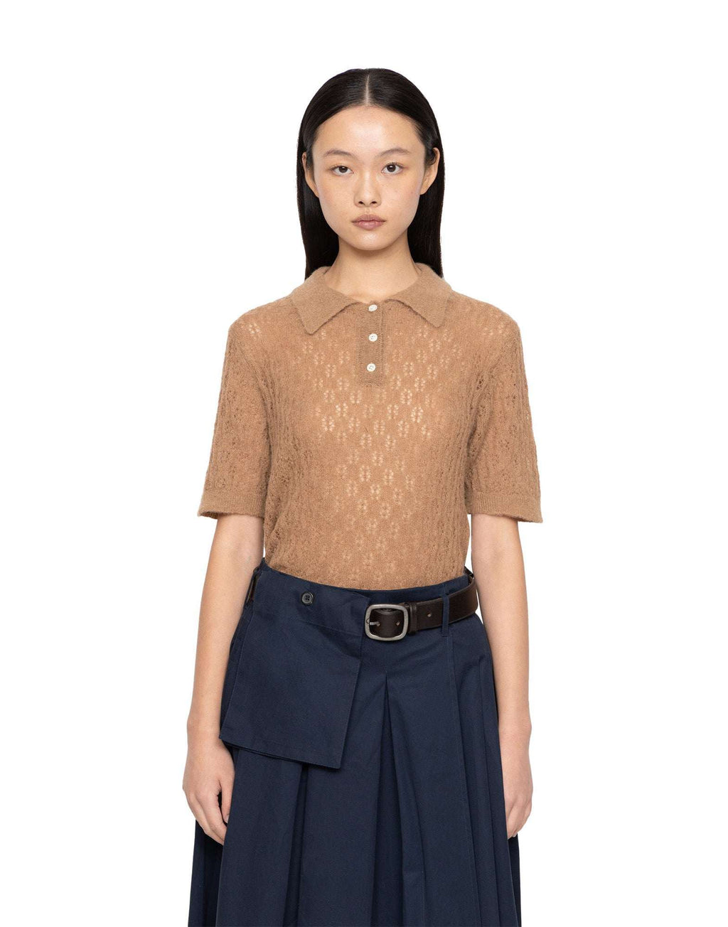 SEA NY Teagan Maglia Polo Manica Corta in Alpaca Camel