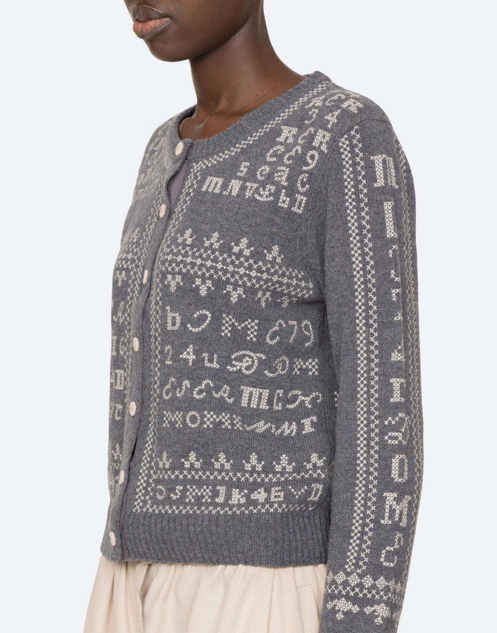 SEA NY Kit Cardigan Ricamato in Lana Charcoal