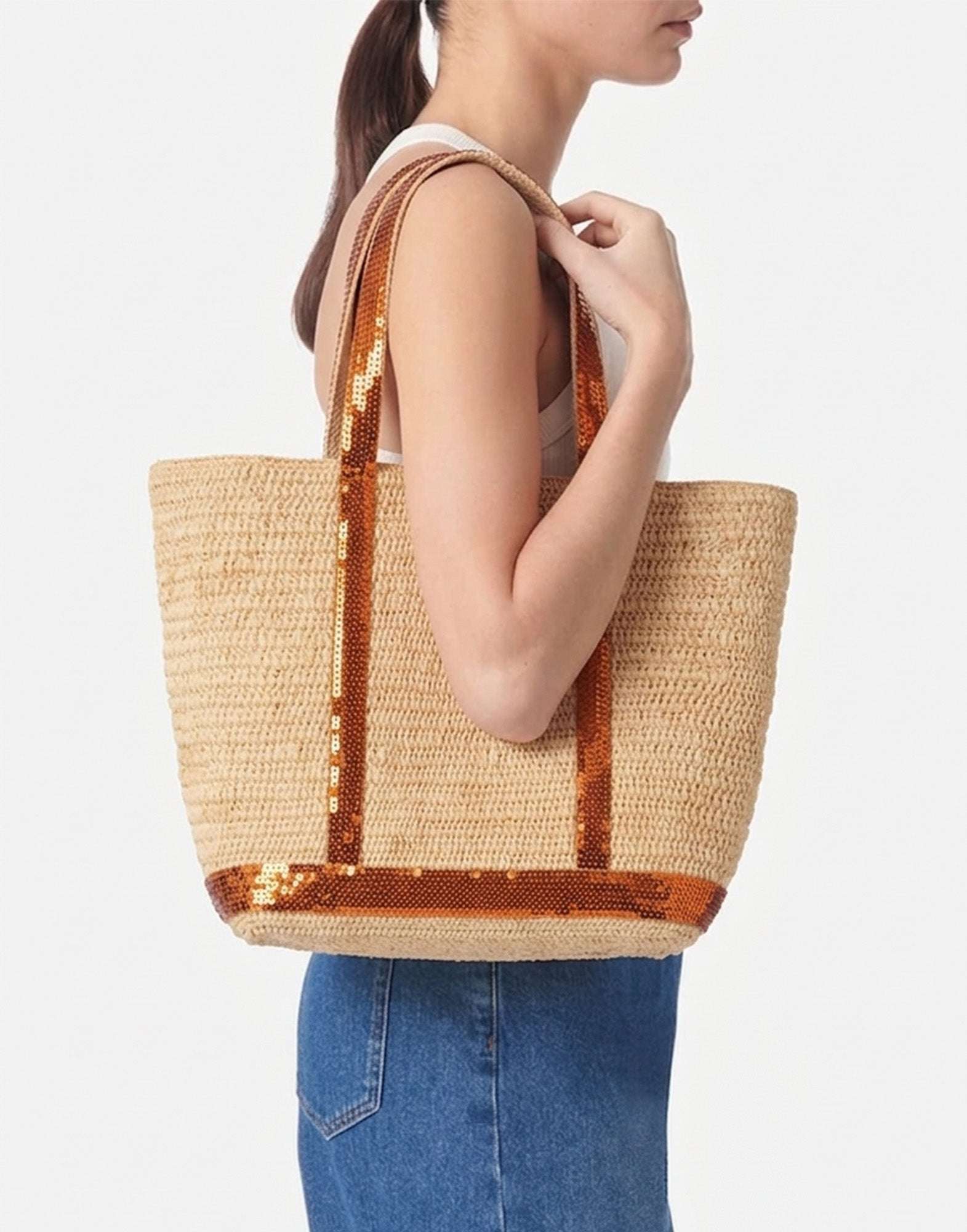 VANESSA BRUNO Cabas M in Raffia con Paillettes Mandarine