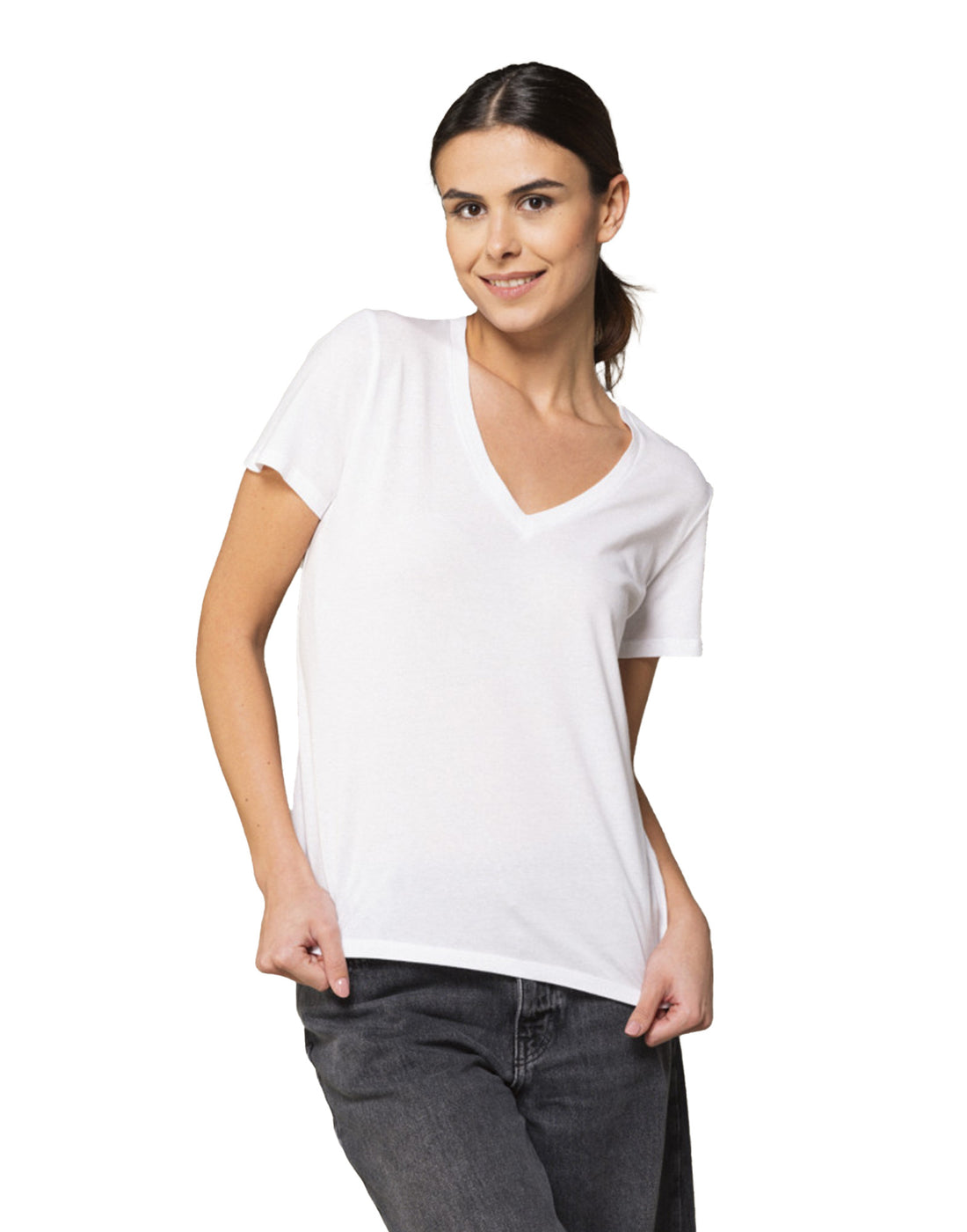 MAJESTIC FILATURES T-shirt Scollo a V in Cotone Silk Touch Bianca