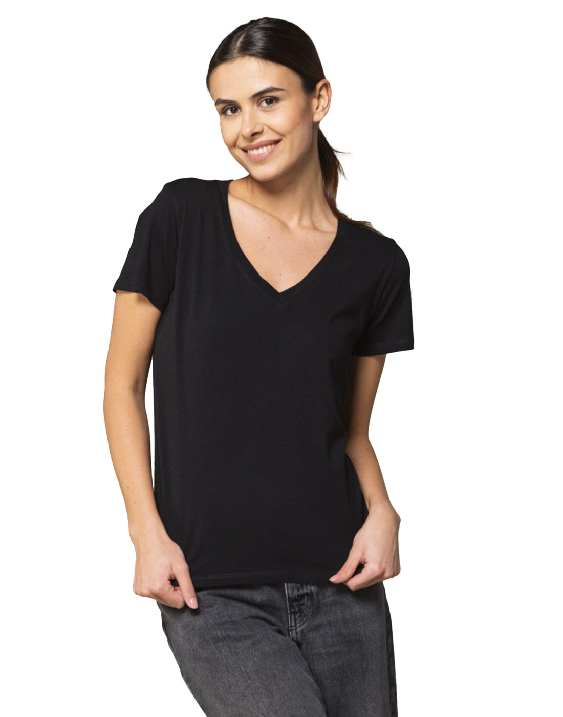 MAJESTIC FILATURES T-shirt Scollo a V in Cotone Silk Touch Nera