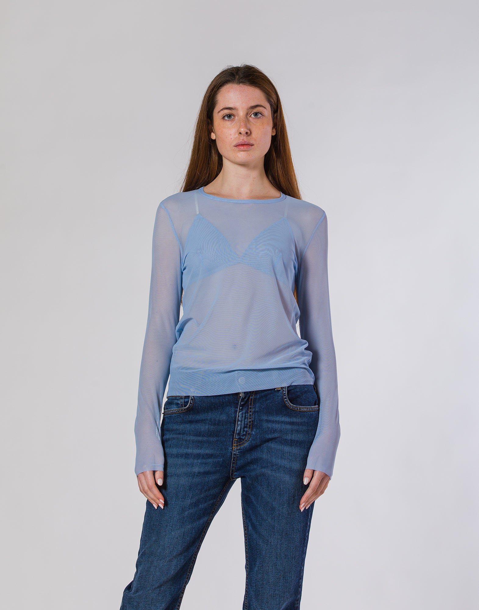 DOUUOD T-shirt Manica Lunga in Tulle Azzurra