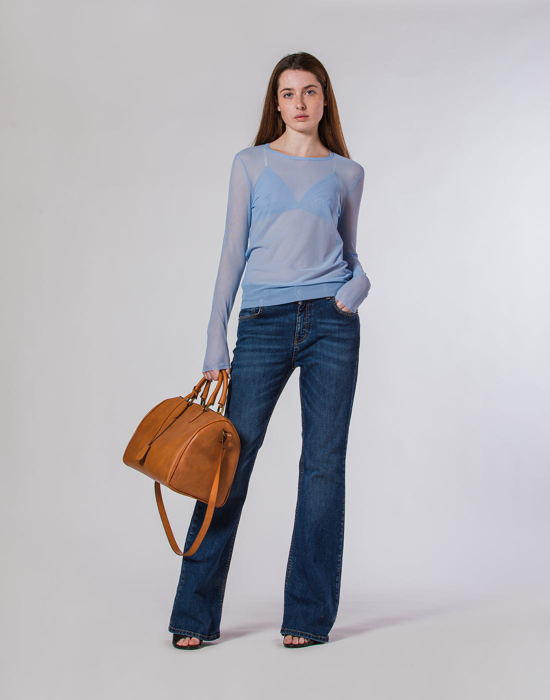 DOUUOD T-shirt Manica Lunga in Tulle Azzurra