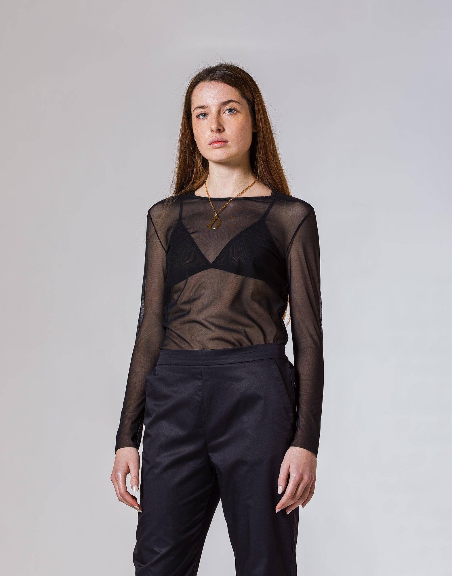 DOUUOD T-shirt Manica Lunga in Tulle Nera