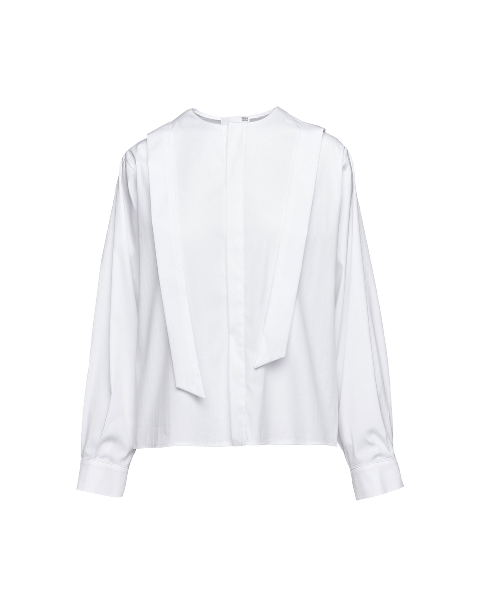 DOUUOD Camicia in Popeline Stretch con Nastro al Collo Bianco