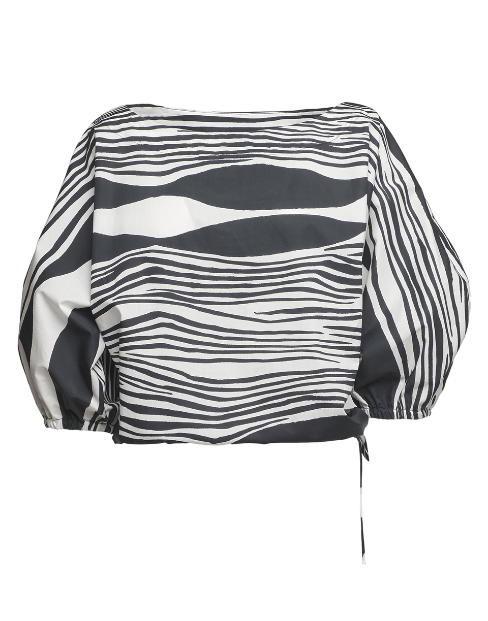 DOUUOD Blusa Kimono in Popeline di Cotone Stampato Off White/Nero