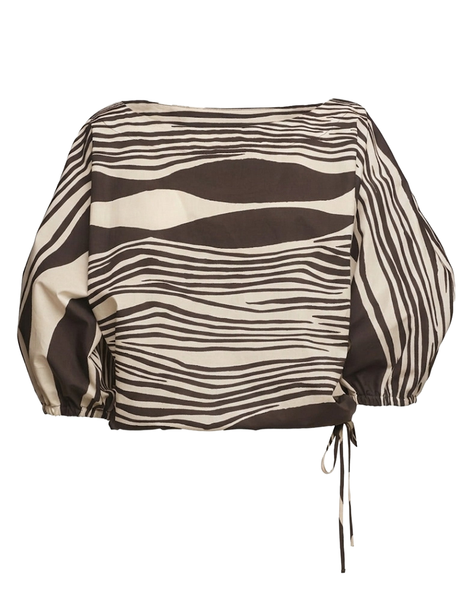 DOUUOD Blusa Kimono in Popeline di Cotone Stampato Orzo/Fondente