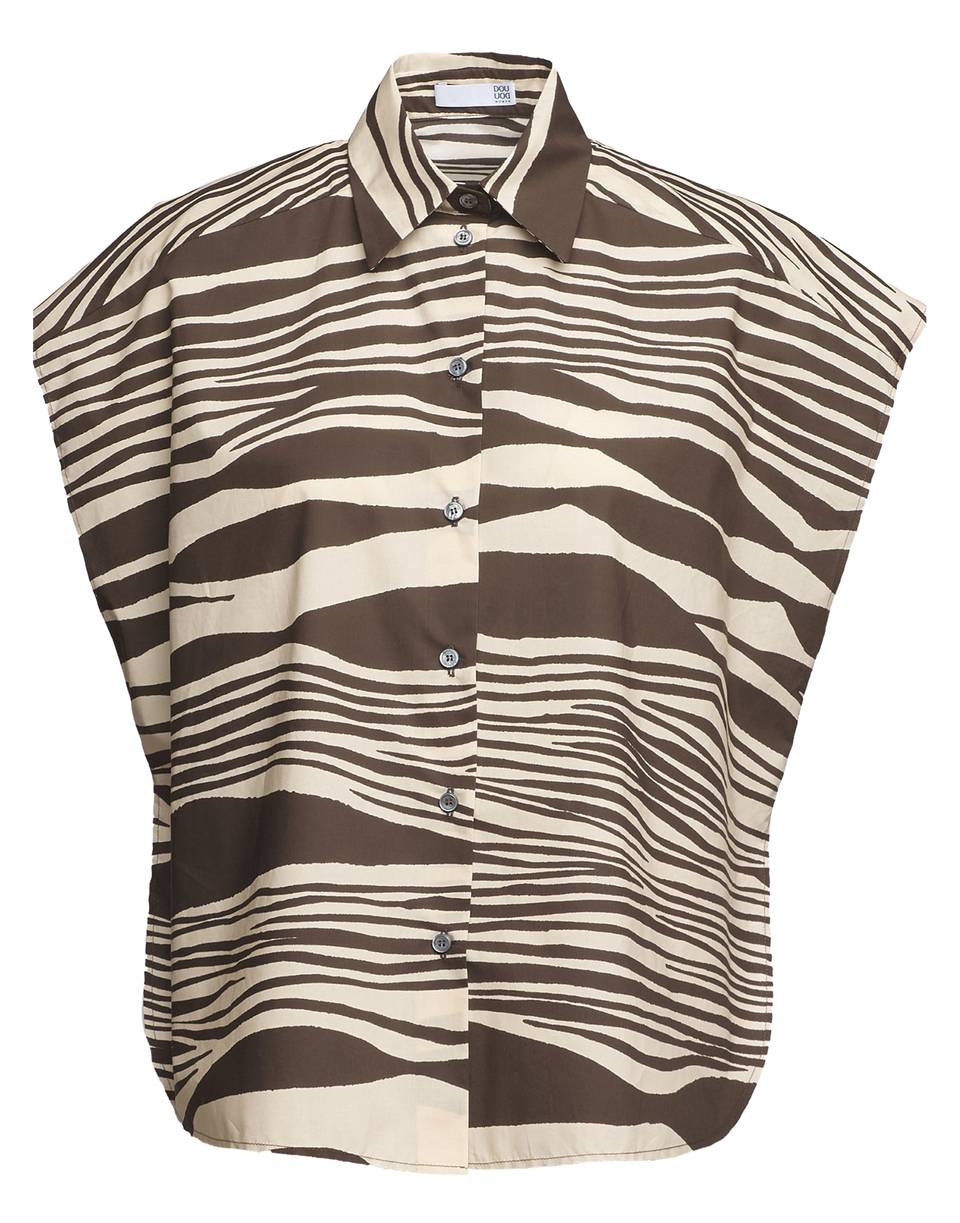 DOUUOD Camicia Over Smanicata in Popeline di Cotone Stampato Orzo/Fondente