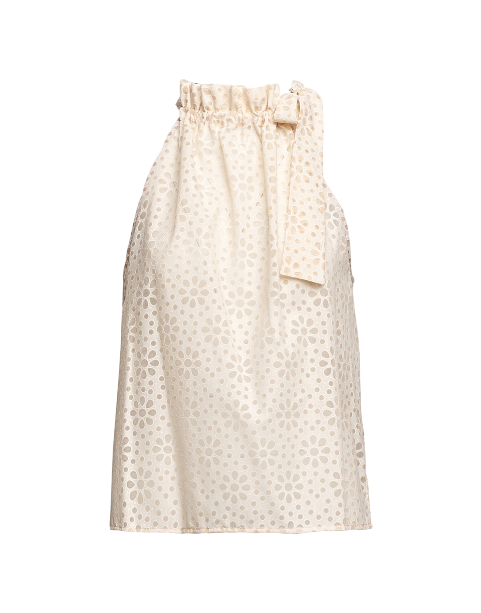 DOUUOD Top Halter Arricciato con Nastro in Daisy Devorè Cipria