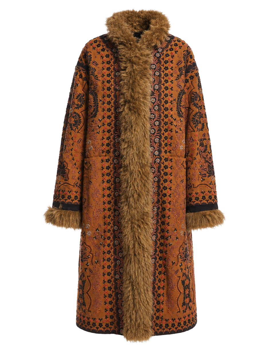 ANTIK BATIK Cappotto Ricamato con Pelliccia Camel