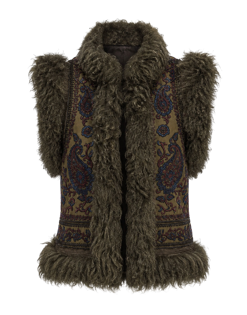 ANTIK BATIK Gilet Ricamato con Pelliccia Kaki