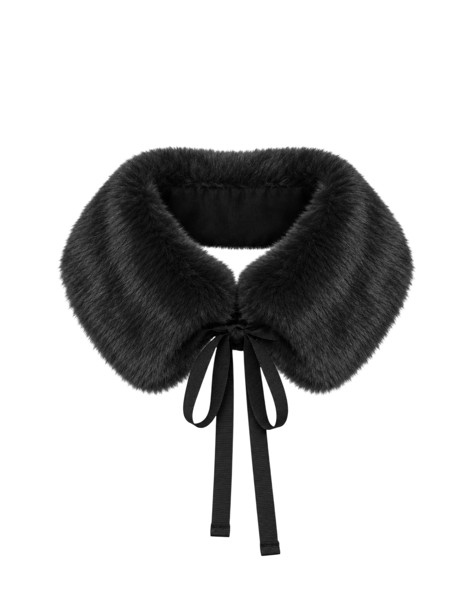 DOUUOD Collo Tondo con Lacci in Eco Pelliccia Nero