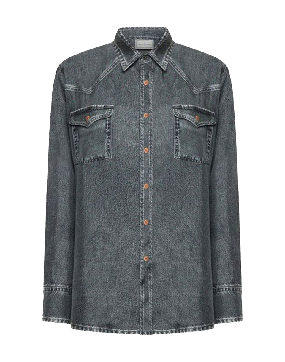 PIERRE-LOUIS MASCIA Camicia Aloe in Seta Stampa Denim Blu Grey