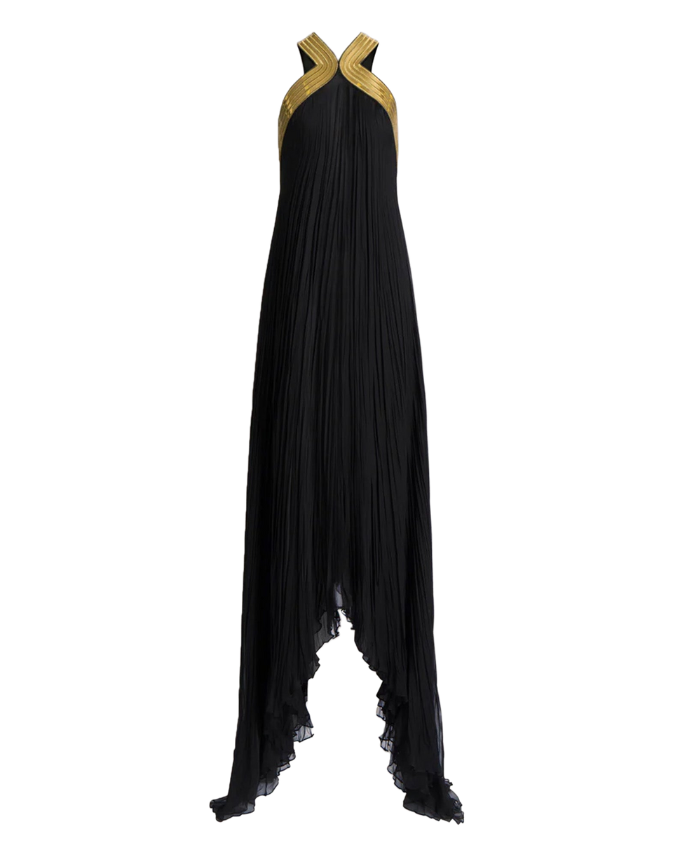 ALBERTA FERRETTI Abito Lungo in Chiffon Plissé con Ricami Metallici Nero